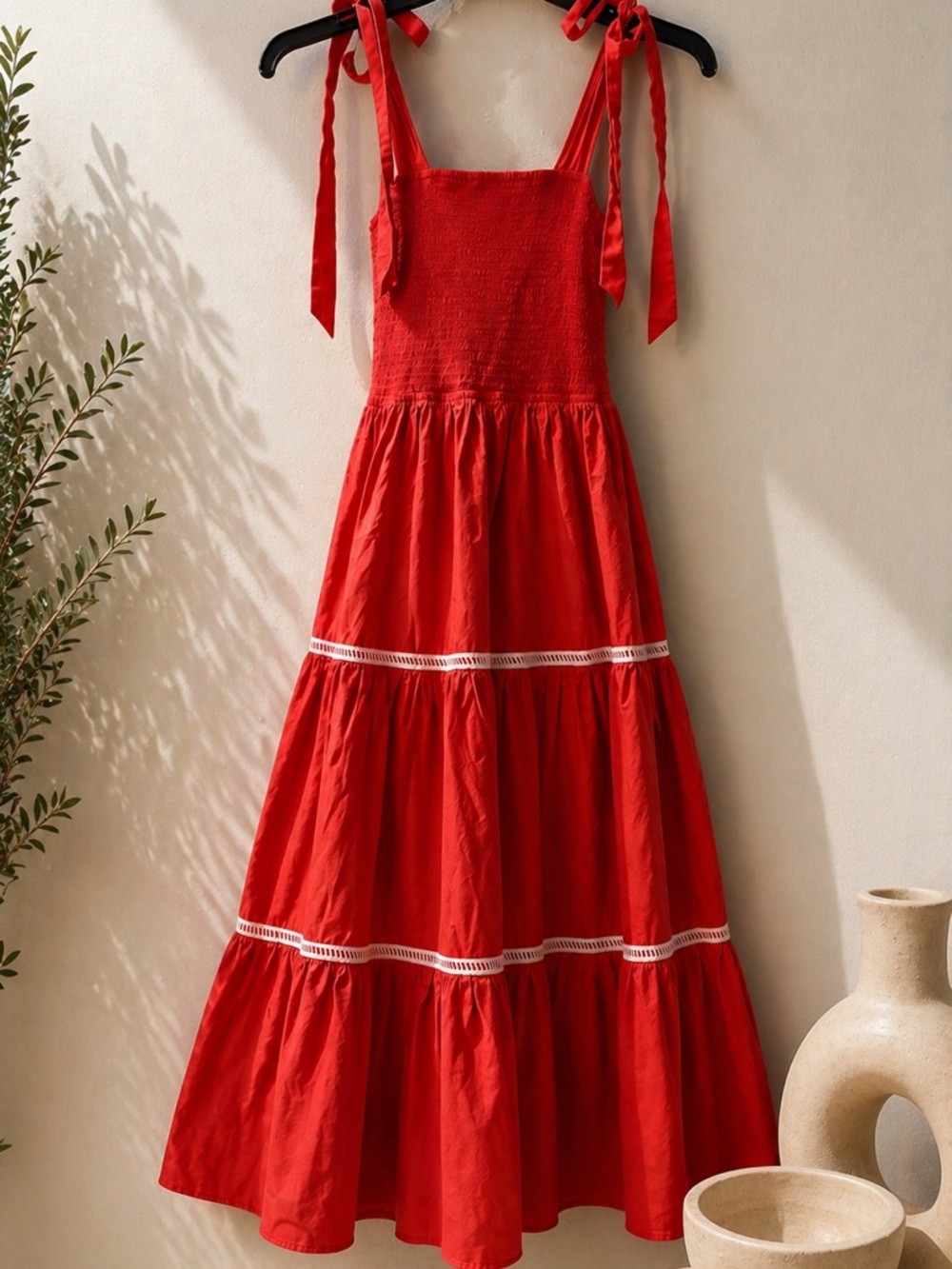 Red Tiered Tie-Shoulder Maxi Dress